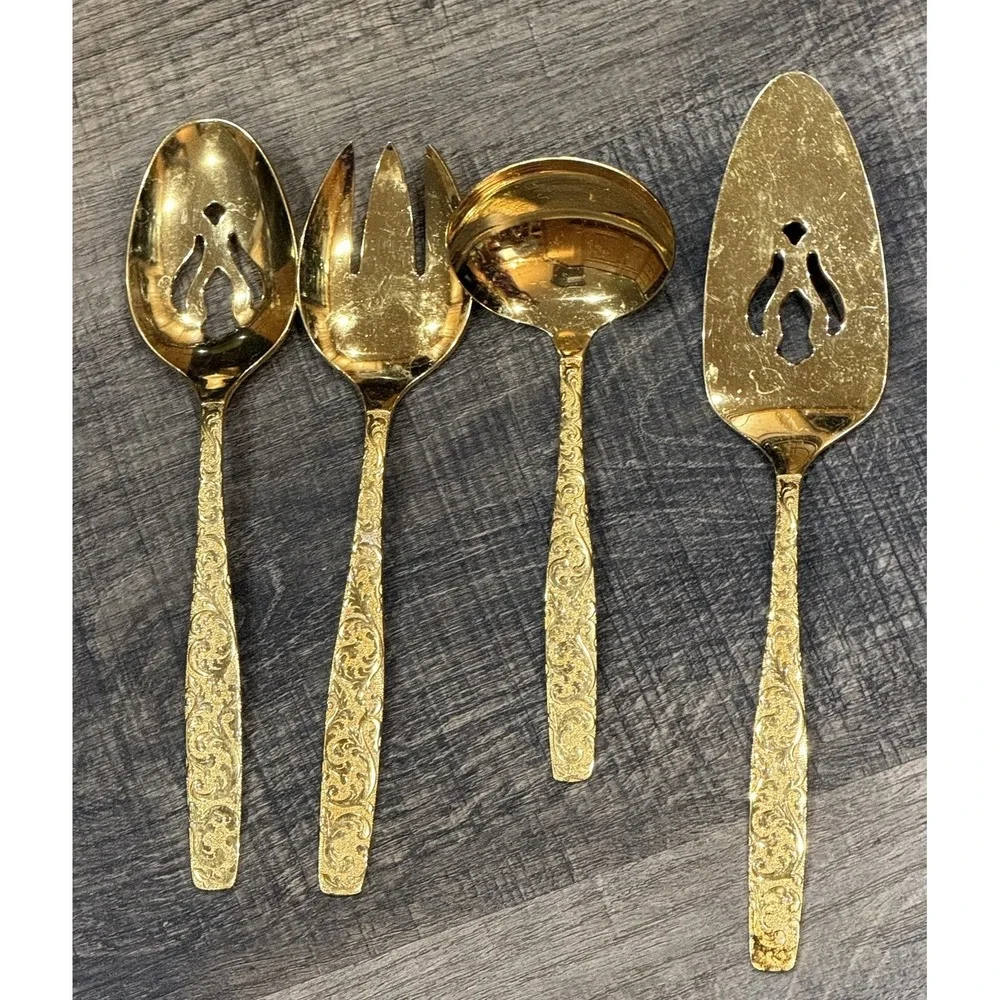 Vtg. Americana Golden Heritage Golden Scroll Serving Set 4 Piece Gold Plated MCM